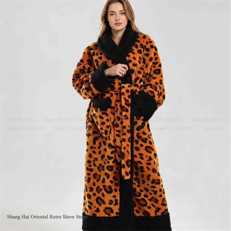 Sleep Lounge Women's Pink Leopard Coral Fleece Long Robe Kimono Bathrobe Gown Autumn Winter Thicken Warm Sleepwear Home Dress Loose Loungewear Pa - view 4
