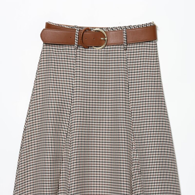 Winter New Women's Checkered Midi with Belt Half-length Cowl Neck Design Commute Style High Waist Loose Fit A-Line Skirt - view 4