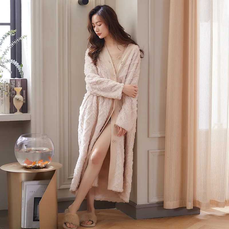 Lounge Women's Sleep Women Winter Plush Lengthened Shawl Bathrobe Home Clothes Long Sleeved Robe Coat Female Thick Coral Fleece Elegant Dressing  - view 6