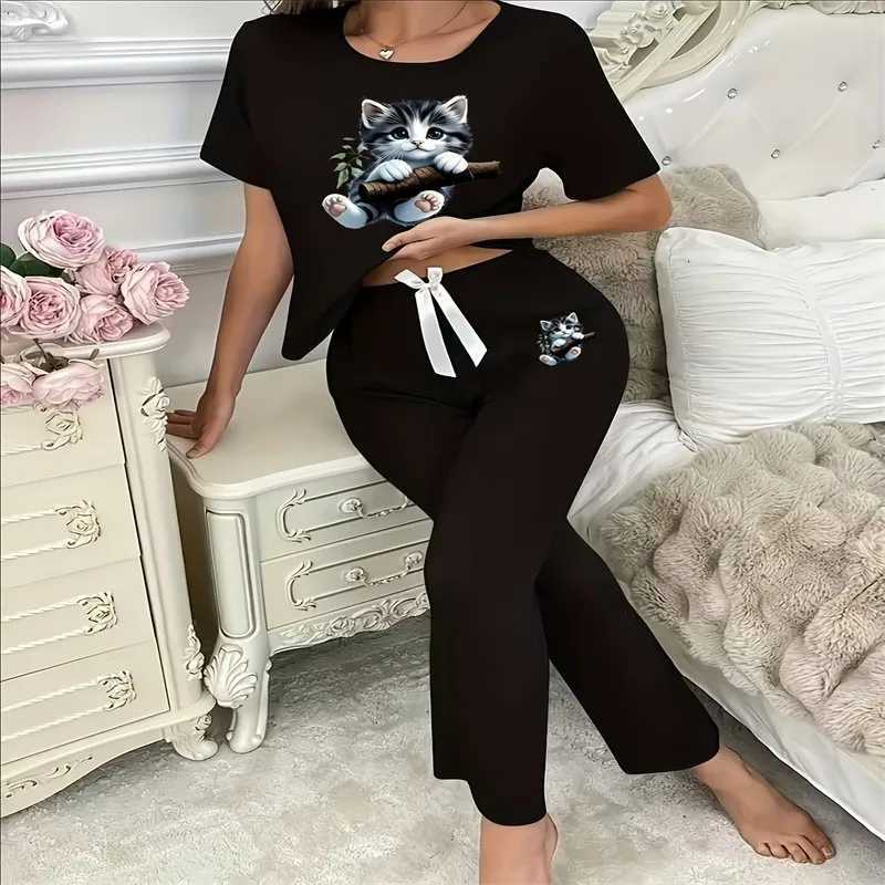 Women's Sleep Lounge Pyjamas Set for Women's Black Short Sleeve Printed Cat Trousers Student Loungewear Pullover Round Neck Girl Sleepwear H - view 5