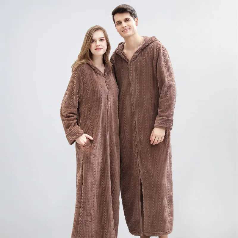 Sleep Lounge Women's Autumn Winter Zipper Bathrobe for Women Men Hooded Nightgown Couple Thick Pajamas Flannel Ladies Long SleepwearC260924 - view 5