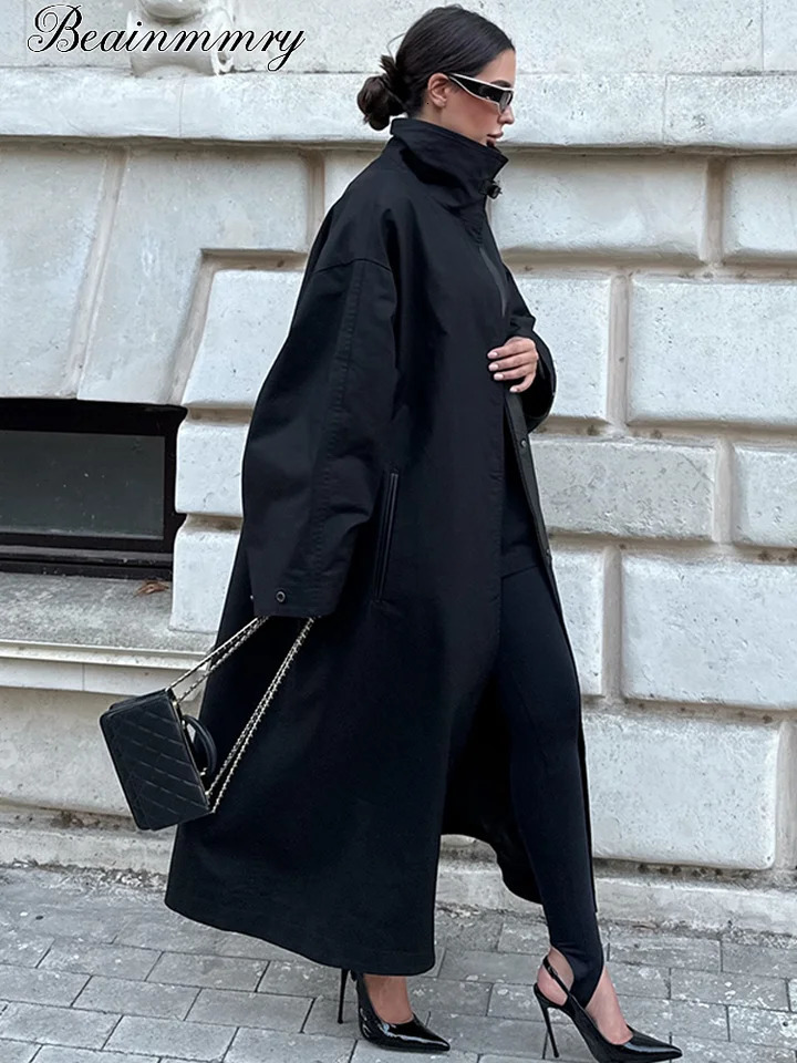 Women Black Long Solid Color Trench Coat Stand Collar Loose Drop Shoulder Single-breasted Windbreaker Lady Commute Outing Wear 260924 - view 4