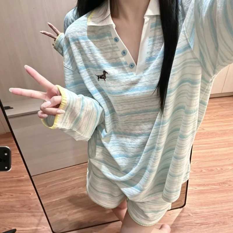 Women's Sleep Lounge Light Blue Striped Pajama Set Summer Thin Long Sleeve Shorts Dachshund Dog Print Women's Pajama Casual Ladies Daily Sle