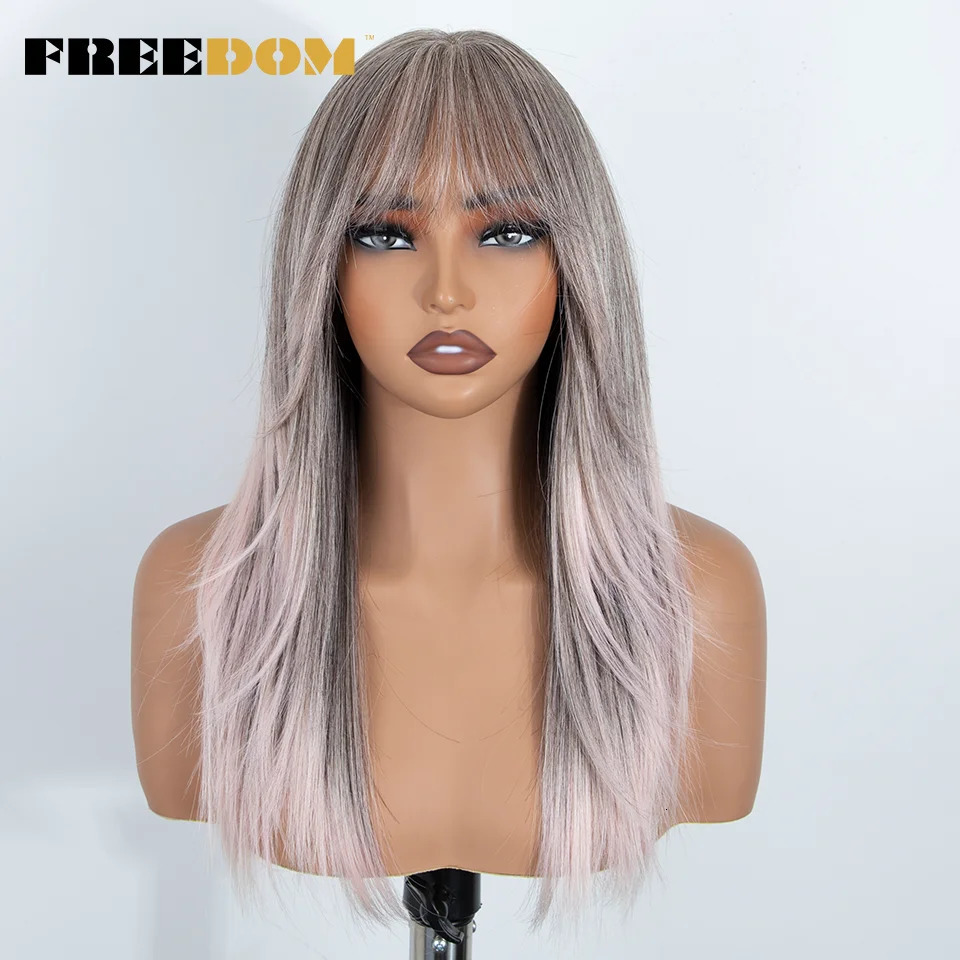 FREEDOM Straight Synthetic Lace Front Wig With Bangs 20 Inch Ombre Brown Blonde Layered Pre-cut Lace Wigs Pink Cosplay Wig 260922 - view 5