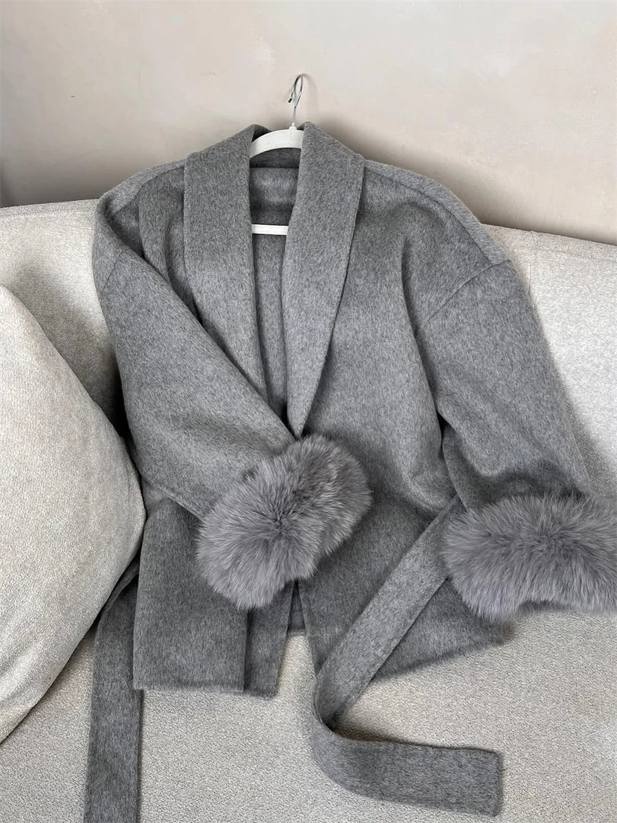Tossy Fox Fur Wool Overcoat Women's Short Coat Office Lady Elegant Double-sided Woolen Coat Cardigan Jackets Loose Wool 260922 - view 4