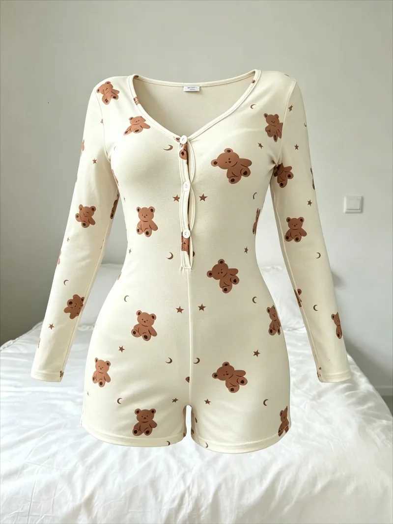 Women's Sleep Lounge Summer Casual Little Bear Print Bodysuit Women's Sexy Onesies Pajamas Sleepwear V-neck Front Button Long Sleeve Jumpsui - view 7