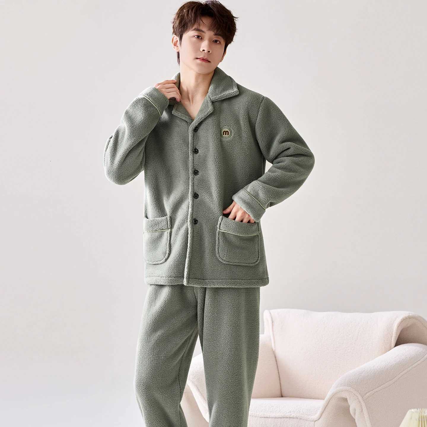 Sleep Lounge Women's Plush Velvet Pajamas Men Lapel Cardigan Loose Thick Coral Fleece Home Service Suit Autumn Winter Keep Warm Casual Tracksuit 
