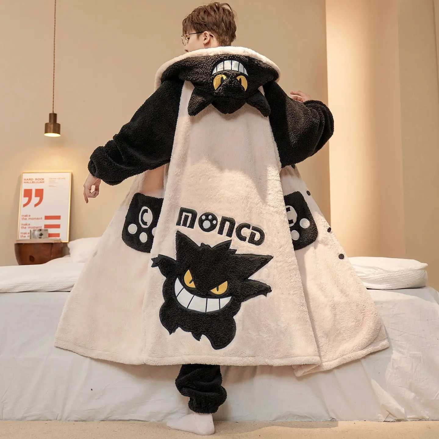Lounge Women's Sleep Monster Cute Fashion Hooded Plush Robe Pajamas Set Warm Flannel Loungewear Soft Home Sleepwear Men Boys Daily Casual Comfort