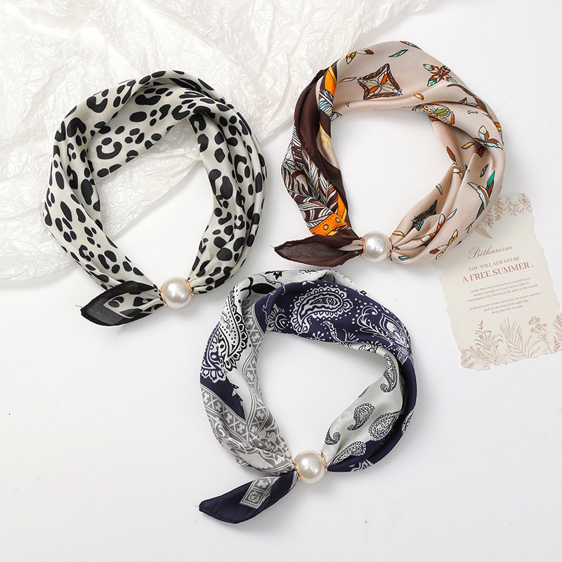 Designer Womens Small Satin Neck Scarf With Pearl Buckle Printed Square Scarves High Quality Neck Warmer Elegant Decorative Neck Band For Daily Bag - view 3