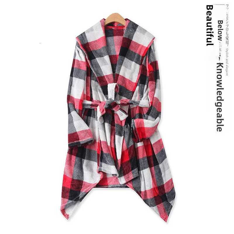 Lounge Women's Sleep Winter New Women's Coral Fleece Bathrobe Warm Plaid Long Sleeve Medium Length Belted Home Wear Sleep Robe Stylish Cozy 