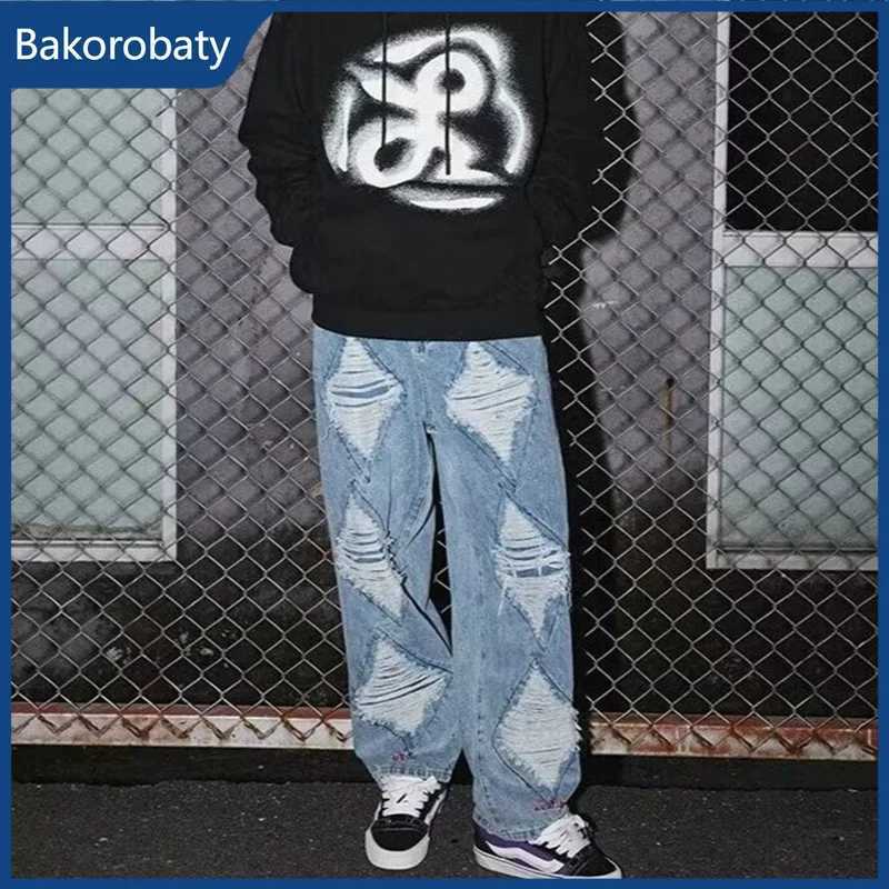 Men's Jeans Spring High Street Fashion Baggy Ripped Jeans For Man American Casual Retro Straight-Leg Denim Pants Hip Hop Distressed Y2K Jean H260