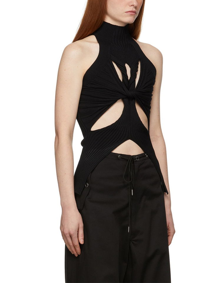 TWOTWINSTYLE Solid Hollow Out Knitting Tank Tops For Women Turtleneck Sleeveless Off Shoulder Slim Vests Female Fashion Clothing
