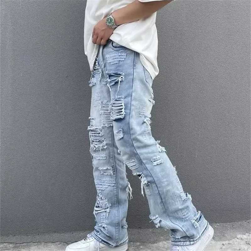 Men's Jeans 2026 Autumn Hip Hop Fashion Straight Leg Flared Jean For Men Distressed Ripped Baggy Jeans Patchwork Y2K Streetwear Denim Pants H2609 - view 3