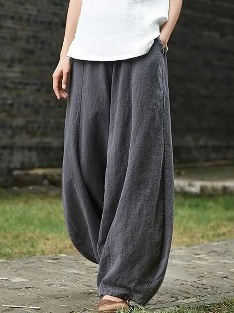 Cotton Linen Bloomers Wide Leg Pants Women Vintage Full Length Fashion Elegent Solid Elasitic Waist Spring Autumn 5XL 260928