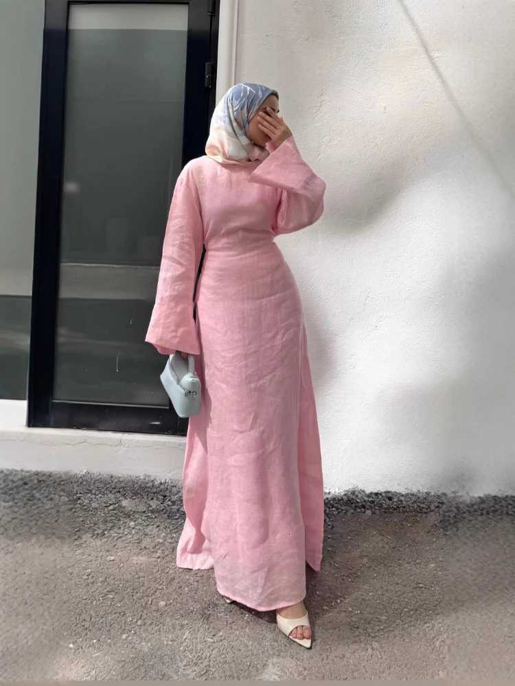 Sleep Lounge Women's Women' Dresses Elegant O-Neck Cotton Lined Back Lace Up Flare Sleeve Waist Cinching Long Robes Female Summer Lady Dress - view 7