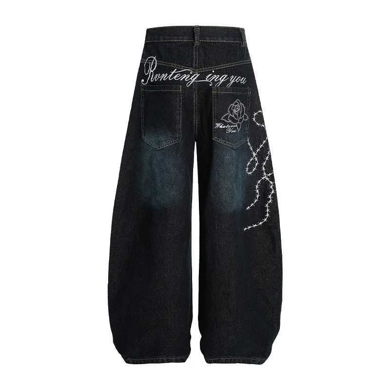 Men's Jeans High Street Fashion Wide Leg Flared Jean For Men Goth Letter Rose Embroidered Y2K Baggy Jeans Hip Hop Vintage Denim Curved Pants H260 - view 4