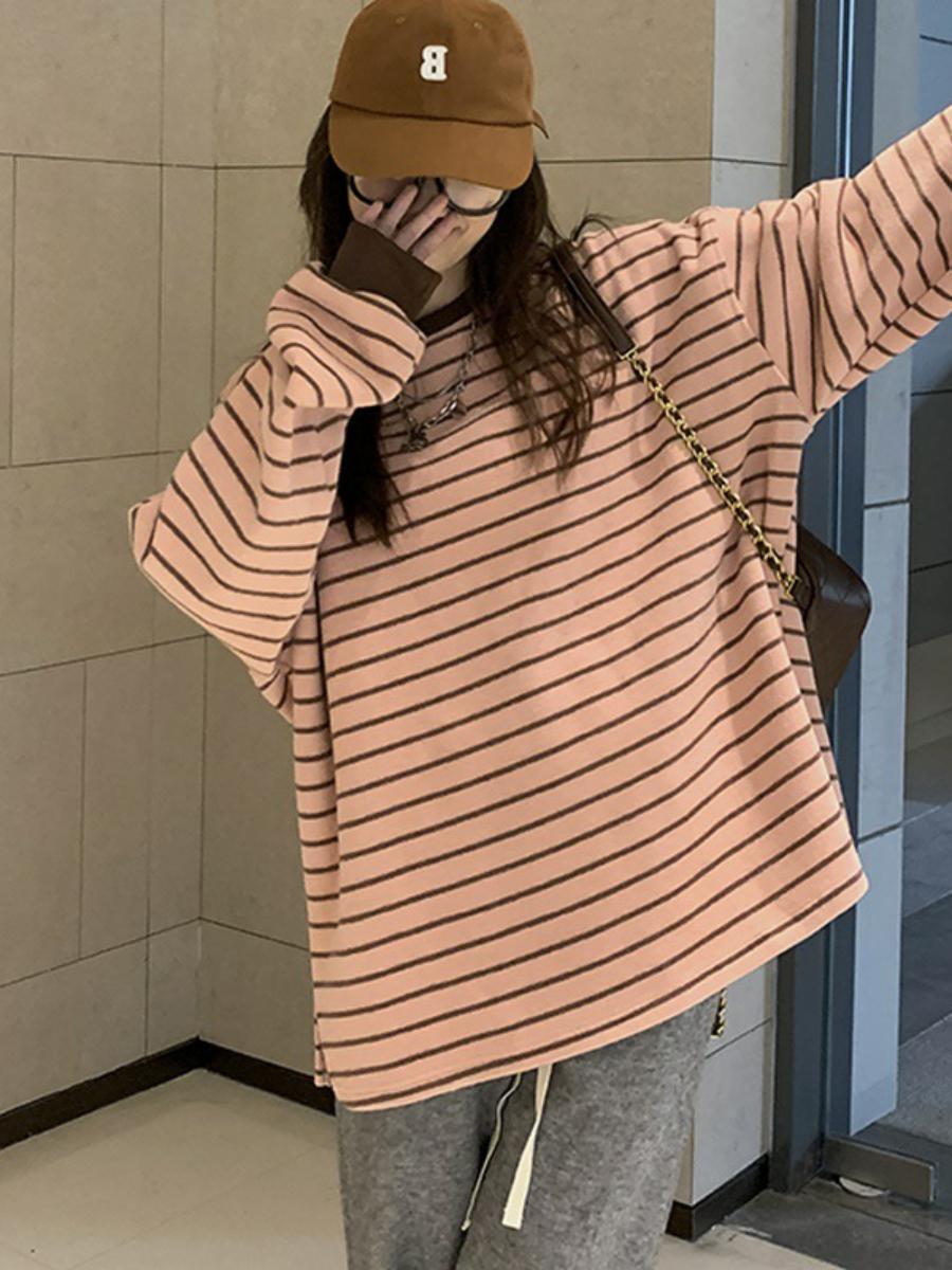 Pink Striped Long Sleeve Loose Fit Thin round Neck T-Shirt Women's Autumn New Commute Style Other Material 100% - view 3