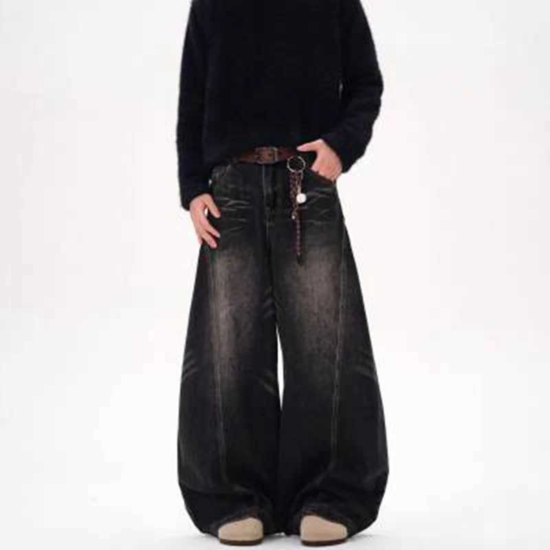 Men's Jeans 2026 Vintage Black Washed Baggy Jeans Pants Men Wide leg Curved Blade Pants Streetwear Cowboy Casual Denim Straight Trousers H260924
