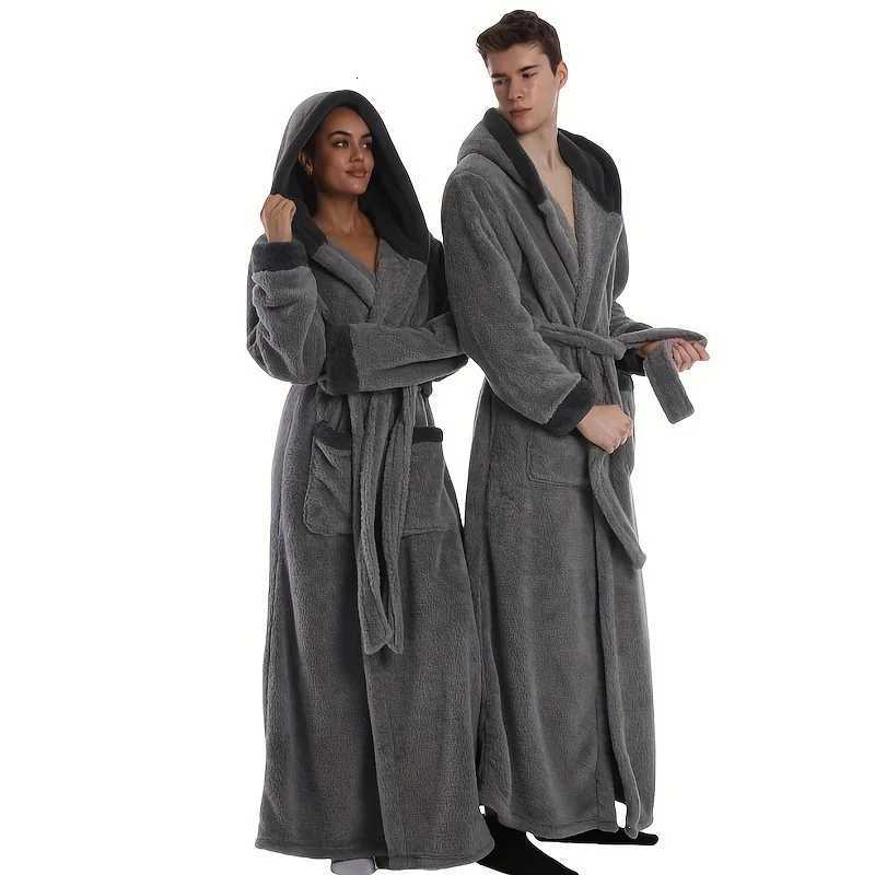 Sleep Lounge Women's New Winter Hooded Bathrobes Gown For Coulpe Warm Flannel Sleepwear Women Long Nightgown Solid Color Robes Men Loungewear Paj - view 6