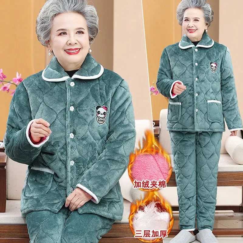 Lounge Women's Sleep Grandma Pajamas Three Layers Thickened Mother Home Clothes Elderly Women Coral Velvet Pajamas Sets Winter Suit Warm Pants 2P - view 7