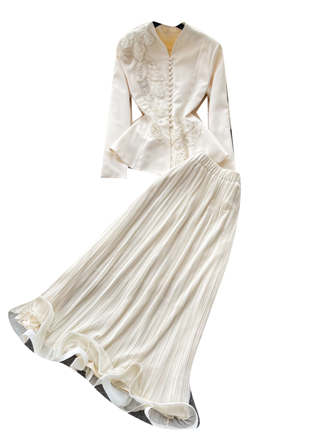 Elegant Embroidered Heavy Work V-Neck Jacket High Waist Pleated Skirt Two-Piece Set for Women Autumn Season Fashion Outfit - view 6