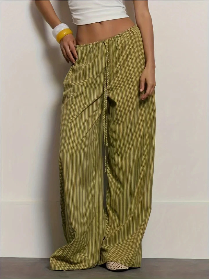 Womens Green Striped WideLeg Pants Summer Arrival Drawstring Elastic Waist Draping Casual Trousers Lazy Style FloorLe 260924 - view 3