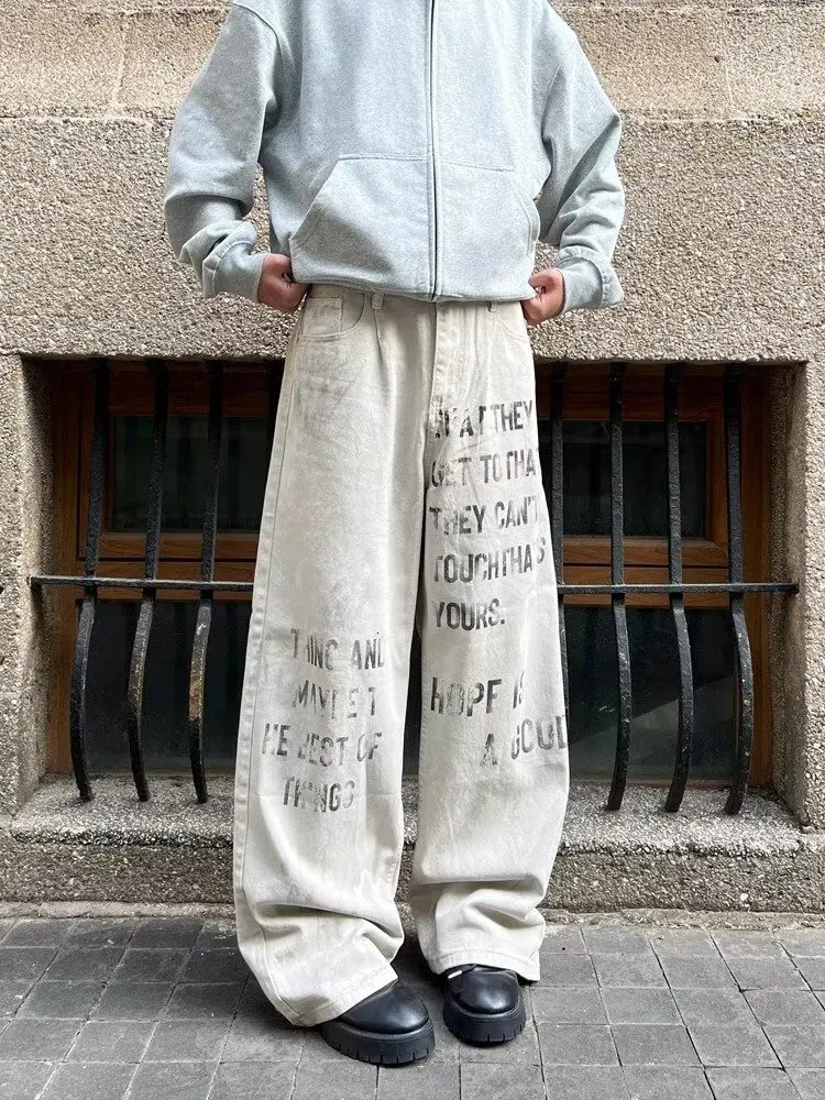 2026 Cyber Y2K Streetwear Letter Printed White Baggy Jeans Pants For Men Clothing Cotton Gothic Long Trousers Pantalones Hombre 260923