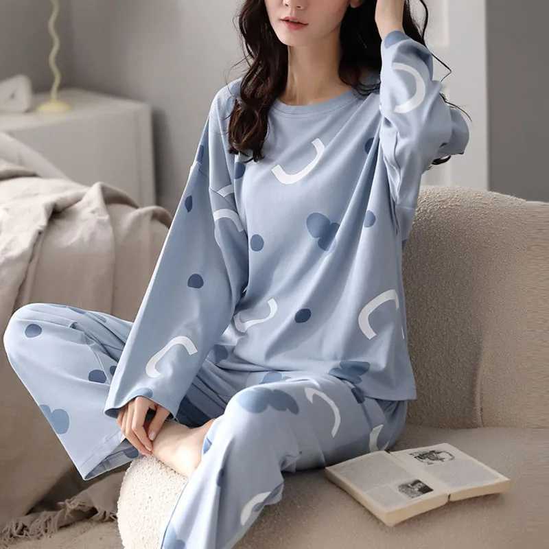 Women's Sleep Lounge Long-Sleeved Pyjamas Women's Autumn and Winter Cotton Round Neck Fashion Soft Casual Breathable Cute Cartoon Loungewear