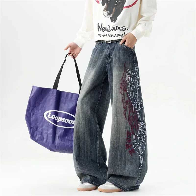 Men's Jeans New Men's Hip Hop Fashion Straight Baggy Denim Pants Y2K Flame Embroidered Streetwear Flared Jeans Harajuku Streetwear Jean H260 - view 3