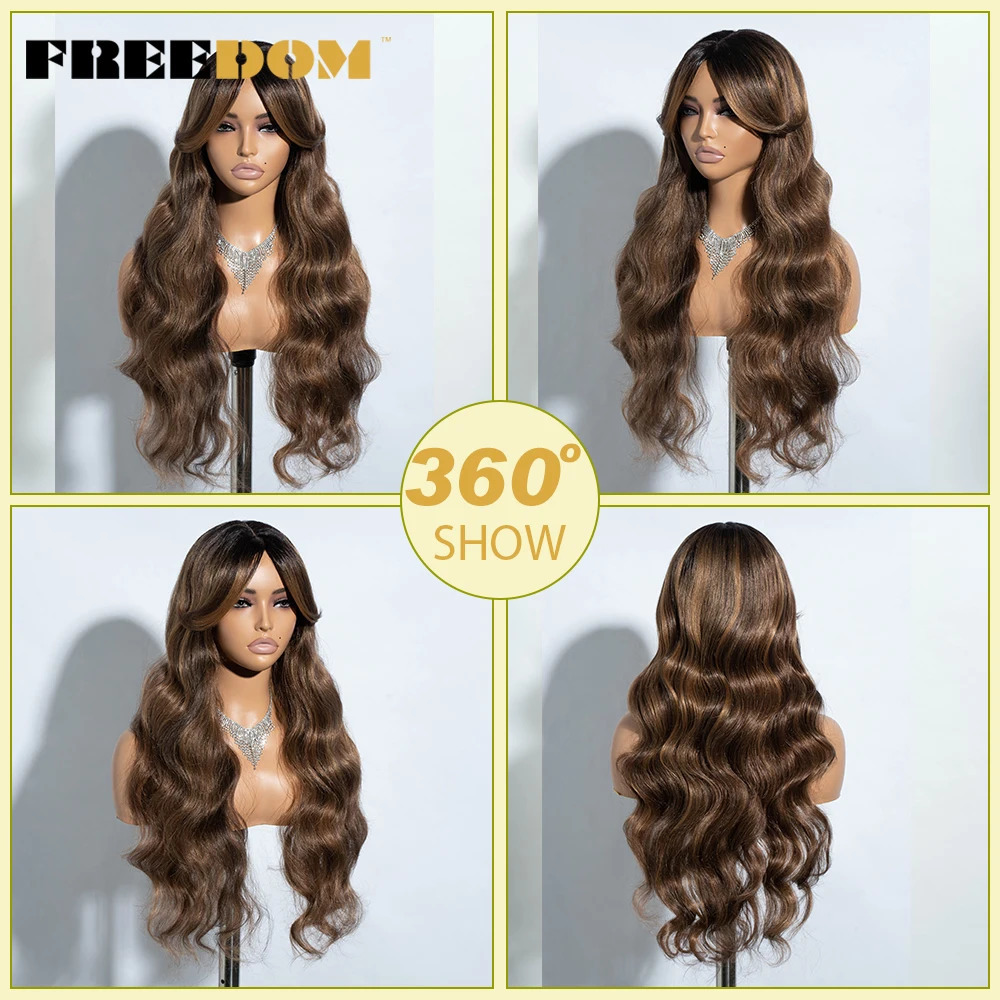 FREEDOM Synthetic Lace Wigs For Black Women 28inch Long Body Wave Middle Part Lace Wig With Bangs Ombre Blonde Brown Cosplay Wig 260922 - view 5