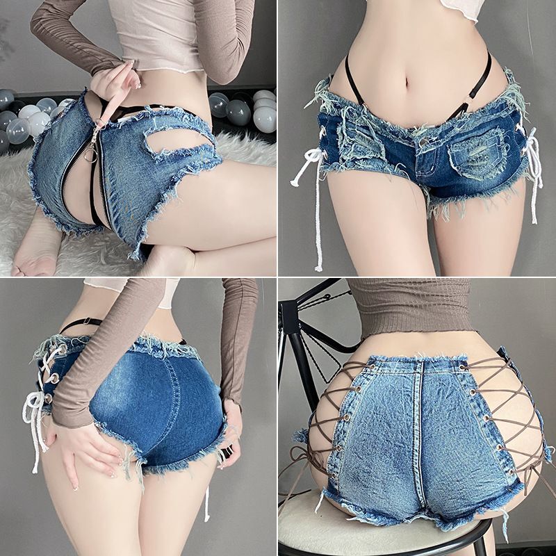 New Sexy Women Low Rise Ripped Open Crotch Hole Denim Shorts Jeans Nightclub