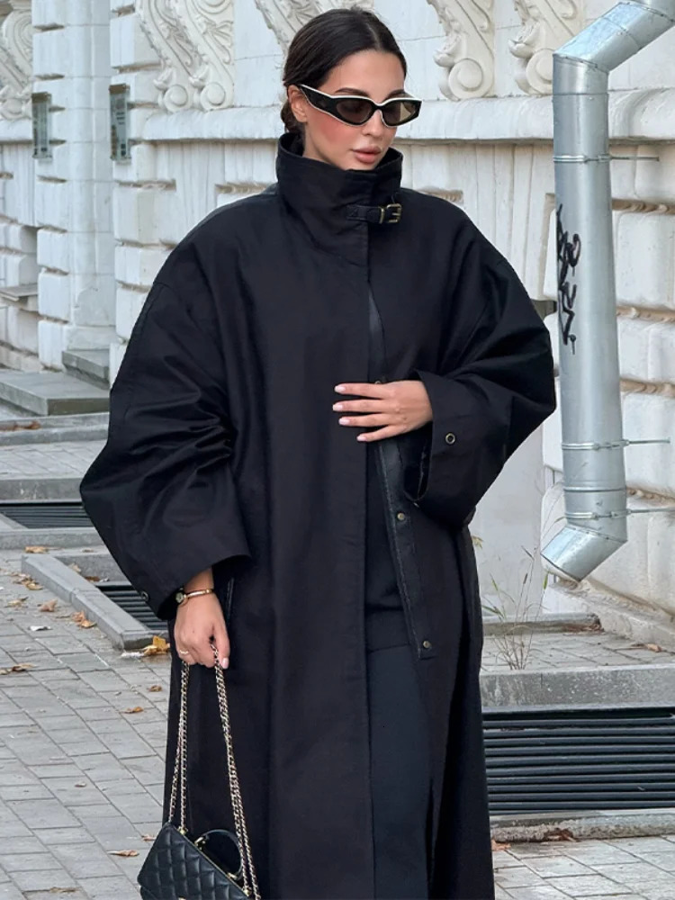 Black Stand Collar Trench Coat Women Casual Long Sleeve Single-breasted Loose Windbreaker 2026 Lady Autumn High Street Outwear 260924 - view 7