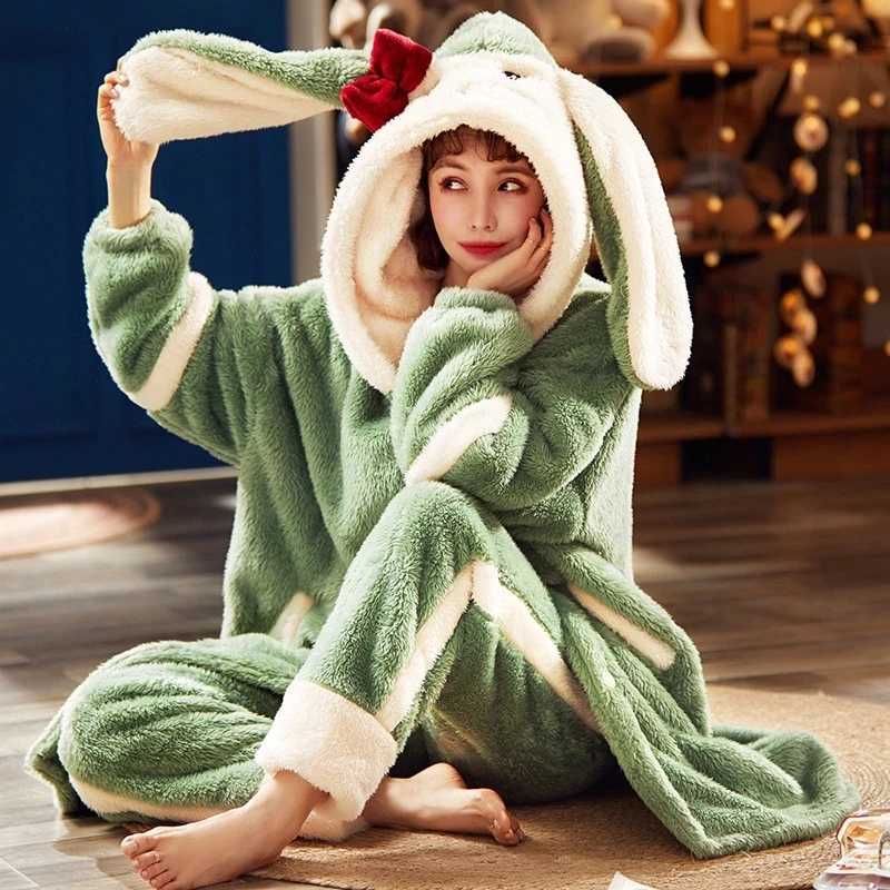 Lounge Women's Sleep Sweet Women Bathrobe Autumn Winter Thick Hooded Flannel Ladies Robe Fleece Girls Cute Long Dressing Gown for Female Homewear - view 3