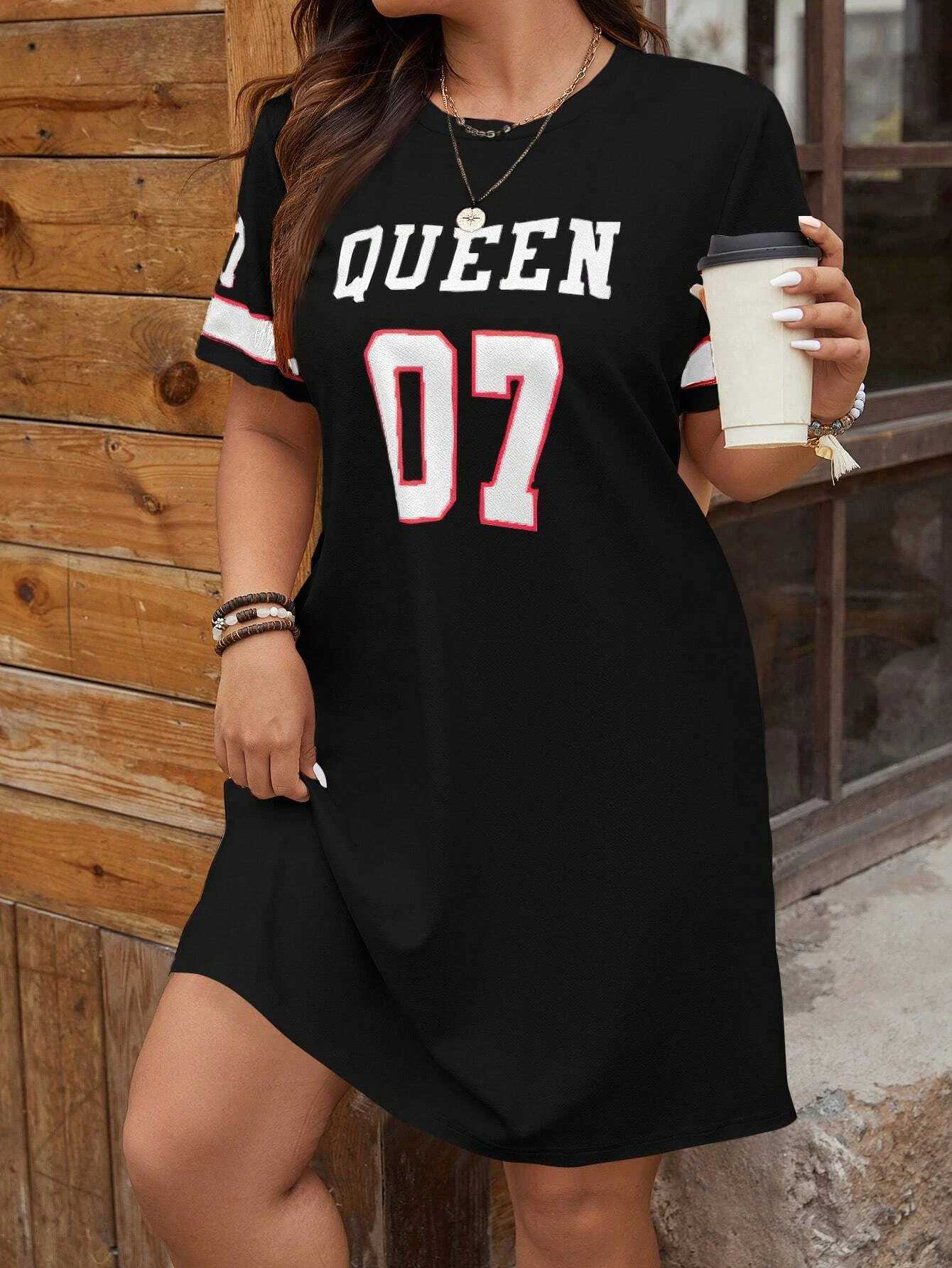 Sleep Lounge Women's Plus Size Women's Summer Music Festival Pattern Sporty Casual Letter Print Fashionable 07 Printed Jersey Tenniscore Dre - view 4