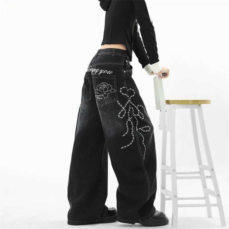 Men's Jeans High Street Fashion Wide Leg Flared Jean For Men Goth Letter Rose Embroidered Y2K Baggy Jeans Hip Hop Vintage Denim Curved Pants H260