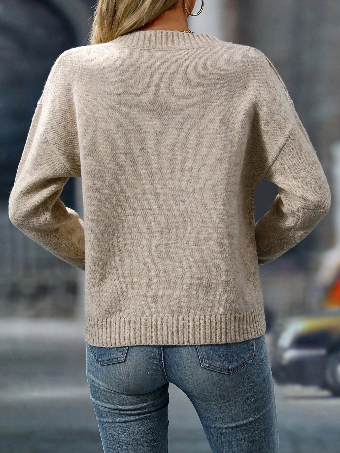 Women V-Neck Loose Knit Sweater For Autumn Winter Minimalist Commuter Long Sleeve Top Versatile Basic Ladies Wear 260922 - view 3