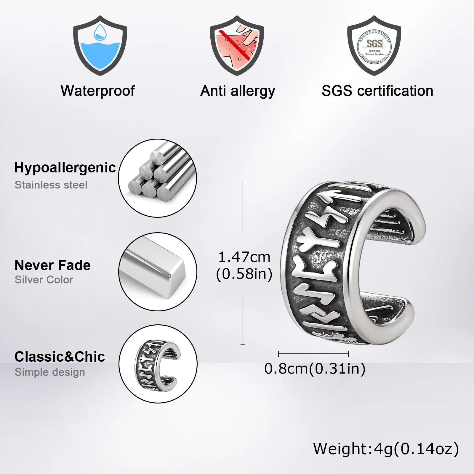 Vintage Punk Viking Clip Earrings for Men Boys Anti Allergy Stainless Steel No Pierced Ear Bone Cuff Birthday Father Gift 260910 - view 5