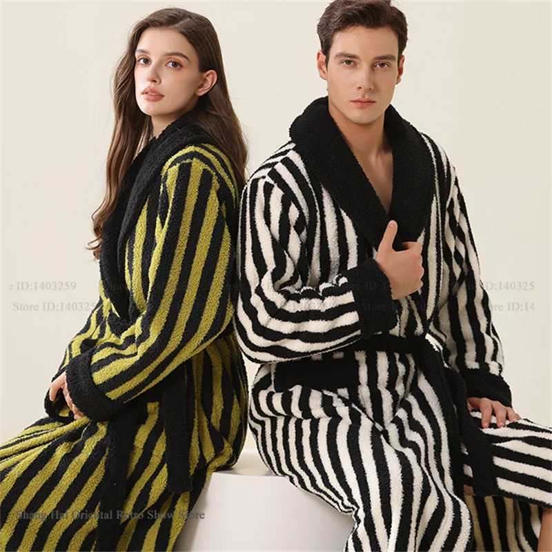 Lounge Women's Sleep Fashion Stripes Flannel Couple Long Robe Sleepwear Winter Warm Women Nightgown Bathrobe Loose Thick Coral Fleece Homewear Pa