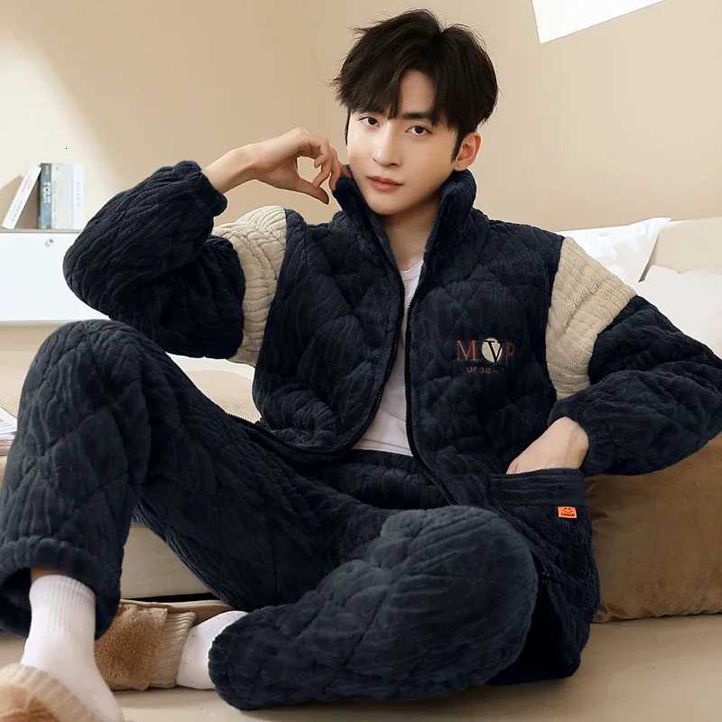 Sleep Lounge Women's Korean Winter Thicken Warm Home Clothes Zipper Cardigan Pajamas Set Men Home Clothes Big Size XL-3XL Coral Fleece Pyjamas Ho - view 5