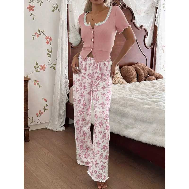 Women's Sleep Lounge European and American style home wear lace trim cardigan short-sleeve long pants women's pajama set suitable for outdoo - view 7