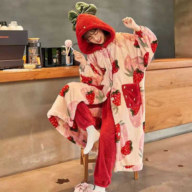 Lounge Women's Sleep Kawaii Flannel 2025 Winter Kimono Nightgown Strawberry Cute Home Wear for Women Sleepwear Warm Bathrobe Cartoon Hooded Long  - view 5