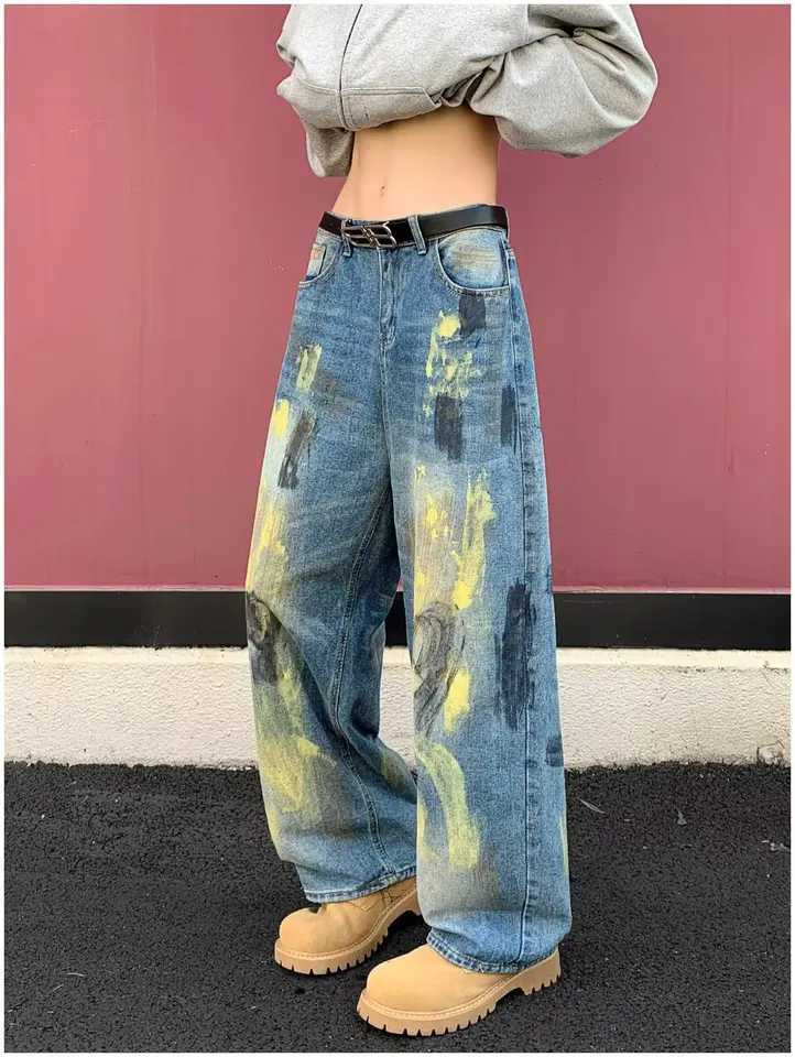 Men's Jeans American Retro Distressed Tie Dye Wide Leg Jeans Men's Loose Floor-Length Straight Cut Denim Pants Vintage American Hip Hop H260 - view 5
