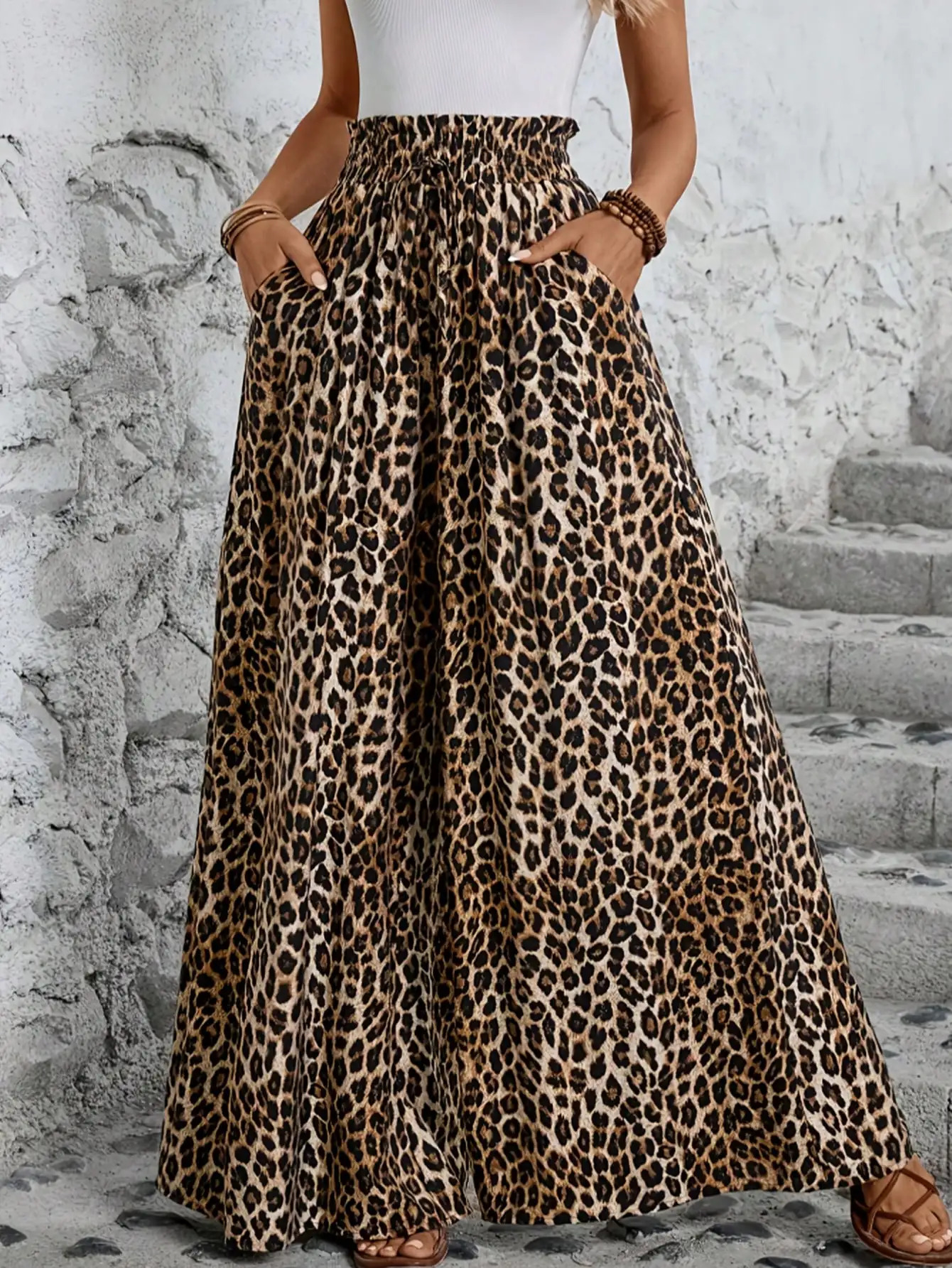 Leopard Print High Waist Wide Leg Pants Casual Fashion Womens Clothing Comfortable Elastic All Seasons 260928 - view 6