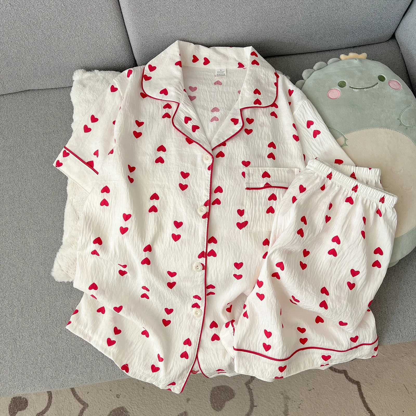 Women's Sleep Lounge 2026 Pajamas Women's Summer Short-Sleeved and Shorts Cute Cartoon Cardigan Ladies Sleepwear Homewear Love Print Breatha - view 3