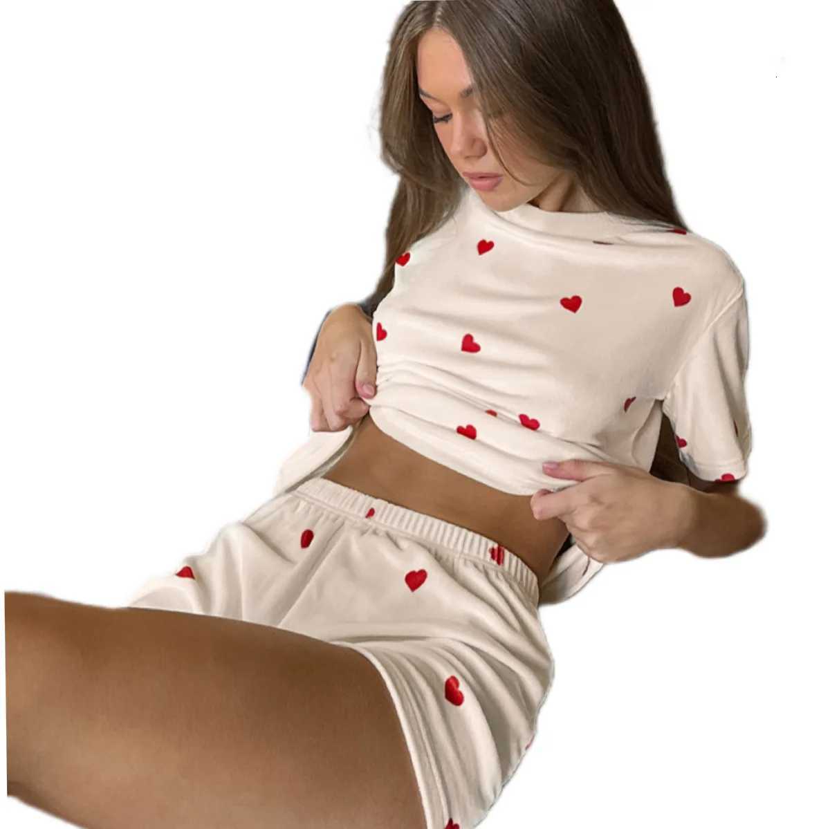 Women's Sleep Lounge American-Style New Women's Heart Print Knitted Fashion Soft Short-Sleeved Shorts Loungewear Set for Home Wear Summer At - view 6