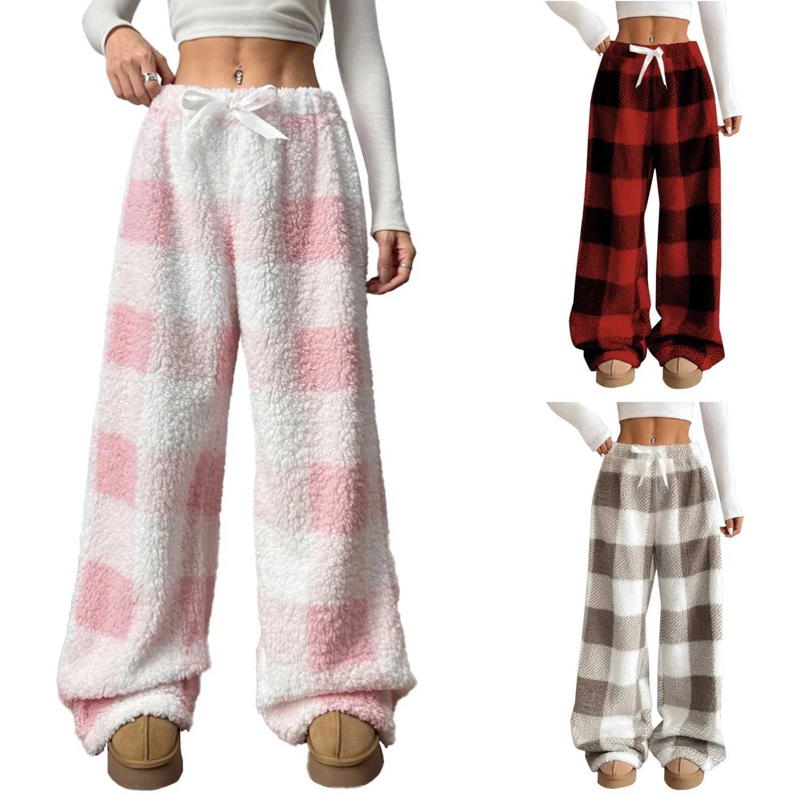 Women's Sleep Lounge Women's Casual Loose Elastic Waistband Plush Sleep Pants Autumn Winter Plaid Fleece-lined Pajama Trousers Comfortable L - view 7