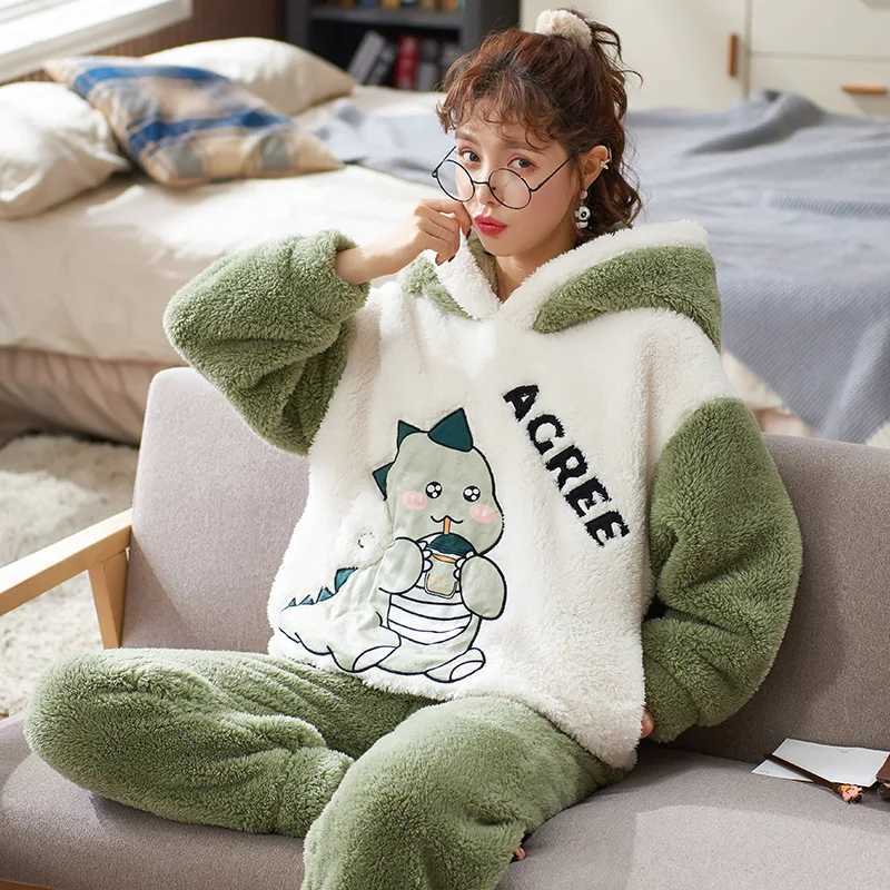 Lounge Women's Sleep Women Pajamas Set Thick Winter Flannel Homewear Female Girls Warm Sleepwear Tops Pants 2Pcs/set Girls Home Clothes Trouser S - view 5