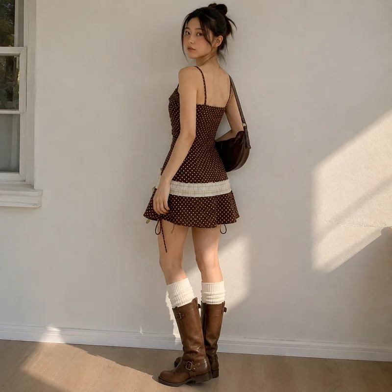 Womens Mini Dress Brown Polka Dot Spaghetti Strap Square Neck Bow Ruffle Trim A Line Y2K Summer Cute Casual Dress 260924 - view 7