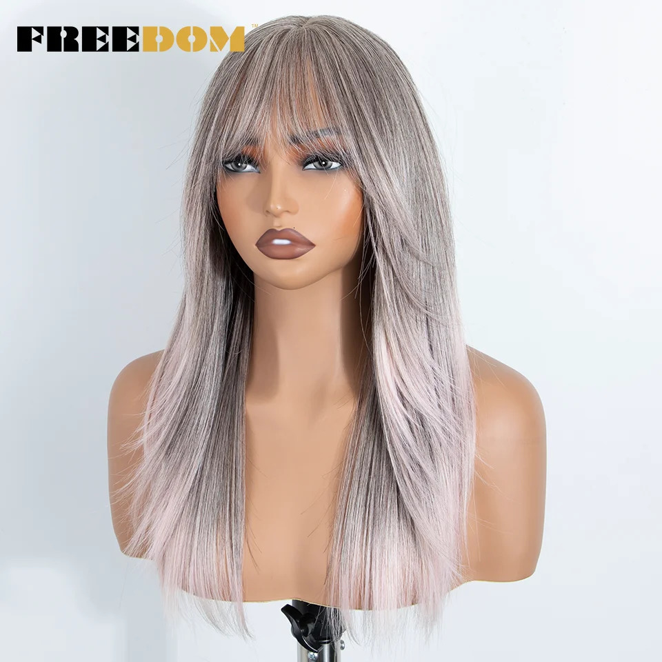 FREEDOM Straight Synthetic Lace Front Wig With Bangs 20 Inch Ombre Brown Blonde Layered Pre-cut Lace Wigs Pink Cosplay Wig 260922 - view 3