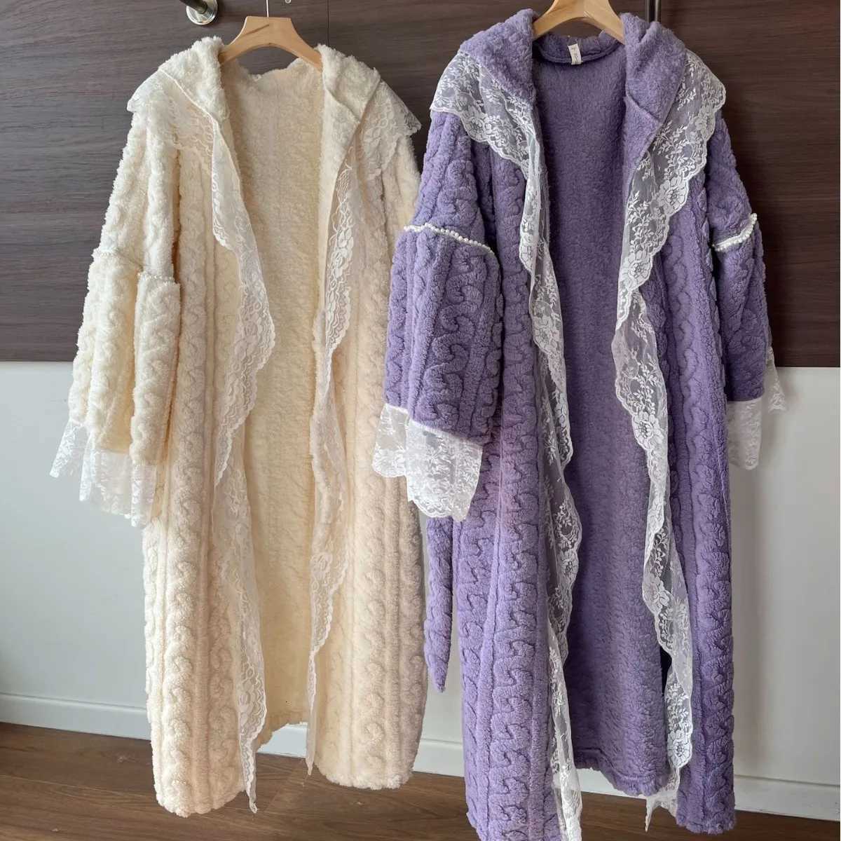 Sleep Lounge Women's French Lace Autumn Winter Robe Women Coral Fleece Sexy Kimono Gown Soft Princess Style Bathrobe Homewear Comfy Dressing Gown - view 5